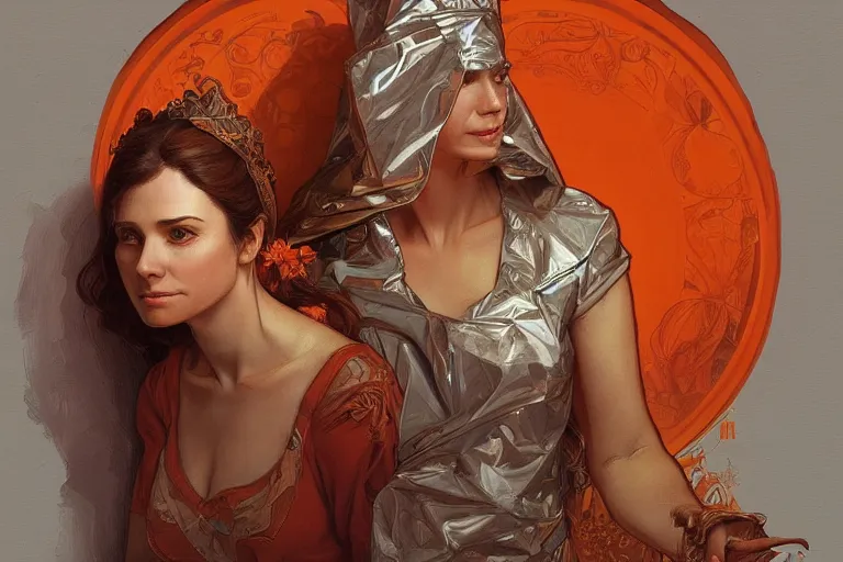 Image similar to portrait of tinfoil hat man in orange t - shirt behind his wife, feelings, romantic, fantasy, intricate, elegant, highly detailed, digital painting, artstation, concept art, smooth, sharp focus, illustration, art by artgerm and greg rutkowski and alphonse mucha