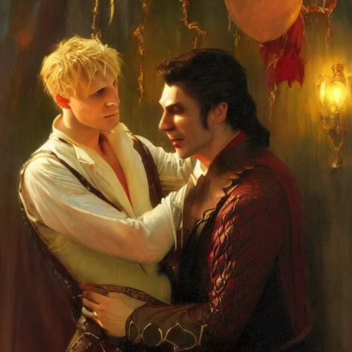 Image similar to attractive male, arthur pendragon confesses his love to attractive male dracula the vampire. highly detailed painting by gaston bussiere, craig mullins, j. c. leyendecker 8 k