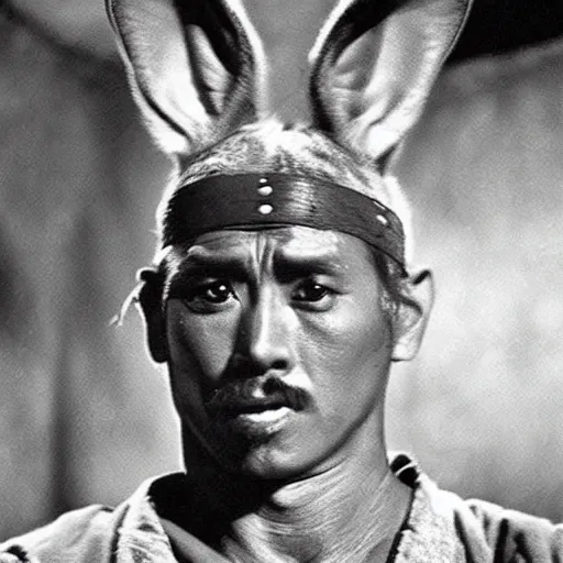 Image similar to photorealistic photo of a rabbit in the seven samurai, film still,