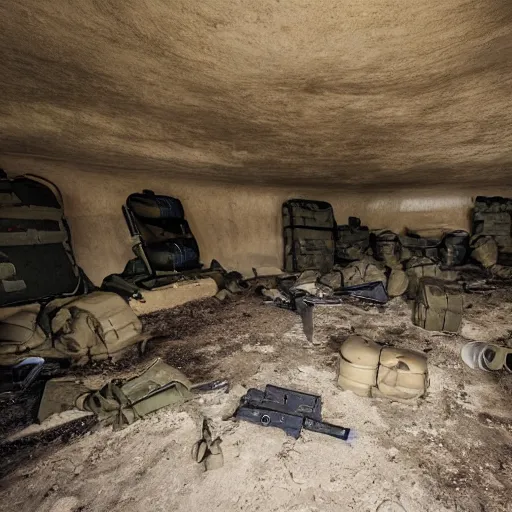 Image similar to interior of bunker filled with military and survival equipment, photorealistic, highly detailed