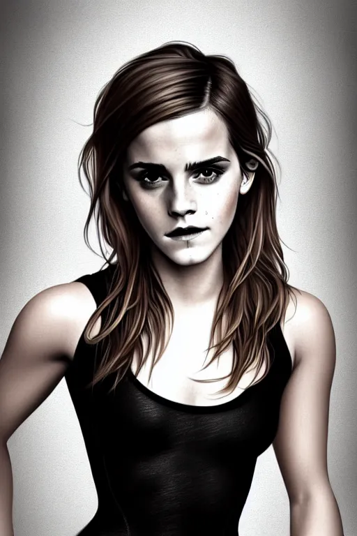 Image similar to photography emma watson wearing black tight jeans and black tight tshirt, curvy, attractive, beautiful detailed face, whole body photography, deep focus, d & d, fantasy, complex, elegant, highly detailed, digital painting, artstation, concept art, matte, clear focus, illustration, hearthstone, artgerm art, greg rutkovsky and alphonse mucha