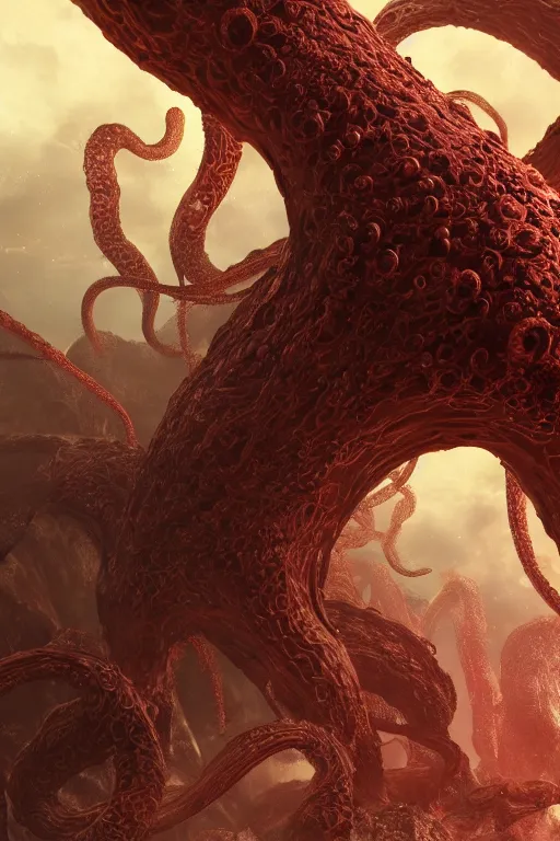 Prompt: giant ancient alien tentacles artwork by yoshitaka amano, red and white, detailed background, extremely detailed, octane rendering, sharp focus, volumetric light, particles, unreal engine 5, rtx