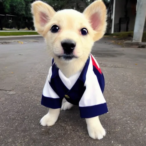 Prompt: a cute puppy wearing a sailor uniform