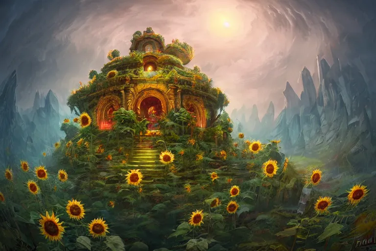 Prompt: Spiral temple, overgrown by sunflowers, fisheye by Quentin Mabille and Andreas Rocha and Raphael Lacoste, ruby skull, emerald refraction, rubies, overcast, fog, diamonds, unreal engine, trending on artstation