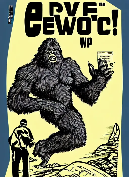 Image similar to bigfoot in retro sci fi pulp newsprint illustration cover