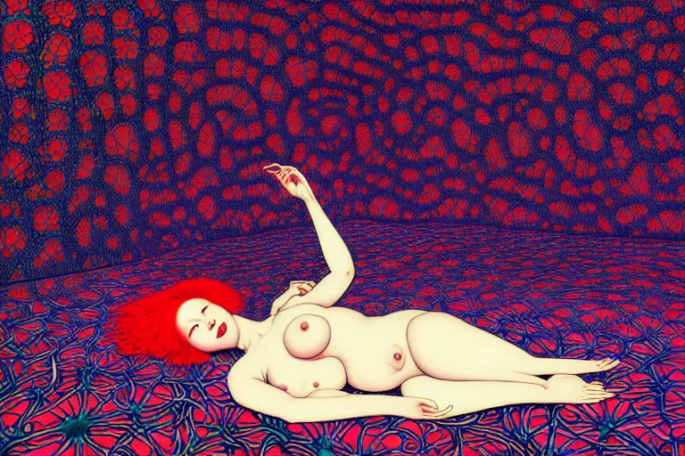 Image similar to realistic detailed image of a woman laying in a padded room, conjuring psychedelic background, part by takato yamamoto, part by alex gray, ross tran, james jean, ultra realistic, octane render, highly detailed, 8 k, trending on artstation, cosmic, symmetry, masterpiece