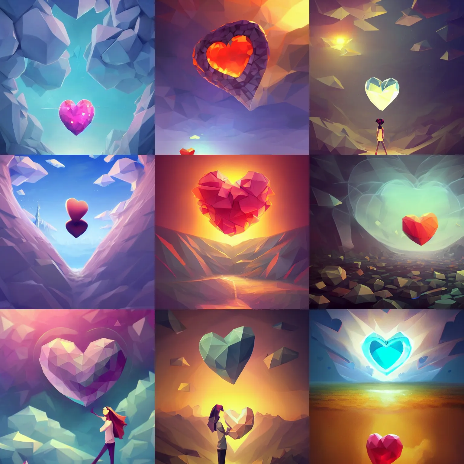 Prompt: a heart - shaped object floating in the air, a low poly render by Cyril Rolando, featured on cg society, fantasy art, made of crystals, official art, concept art