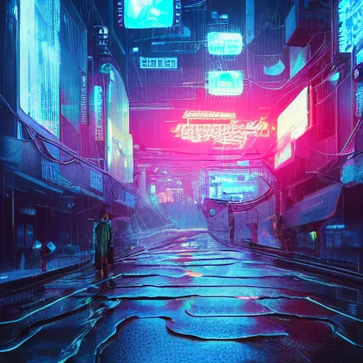 Image similar to many mechanical jellyfishes floating in the street at night after the rain, a mountain in the distance, surreal, cyberpunk, psychedelic, highly detailed, digital art, blade runner 2 0 4 9, 8 k