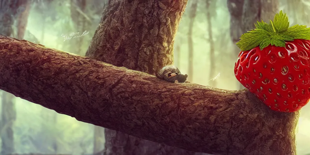 Prompt: beautiful digital illustration of a stawberry with cute eyes napping on a tree log, cinematic, concept art, deviantart, artsation, artstation hq, hd, 1 6 k resolution, smooth, sharp detail, amazing depth, octane, finalrender, unreal engine