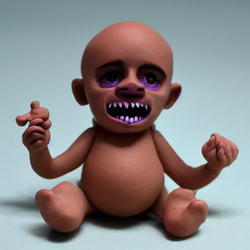 Image similar to tiny moustached homunculus with a huge mouth screaming and crying tiny little feet and purple skin, clay model