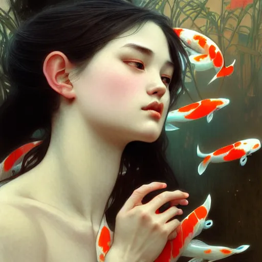 Image similar to Portrait of a girl surrounded by Koi fish, face, fantasy, intricate, elegant, highly detailed, digital painting, artstation, concept art, smooth, sharp focus, illustration, art by Dapeng song and Artem Demura and alphonse mucha