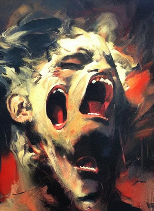 Image similar to bill o'reilly screaming, painting by phil hale, fransico goya,'action lines '!!!, graphic style, visible brushstrokes, motionb blur, blurry, visible paint texture, crisp hd image