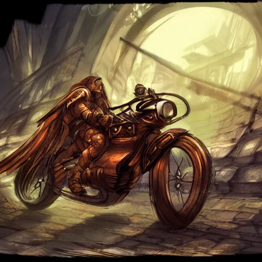 Image similar to epic wizard riding a motorcycle into the gates of hell video game concept art