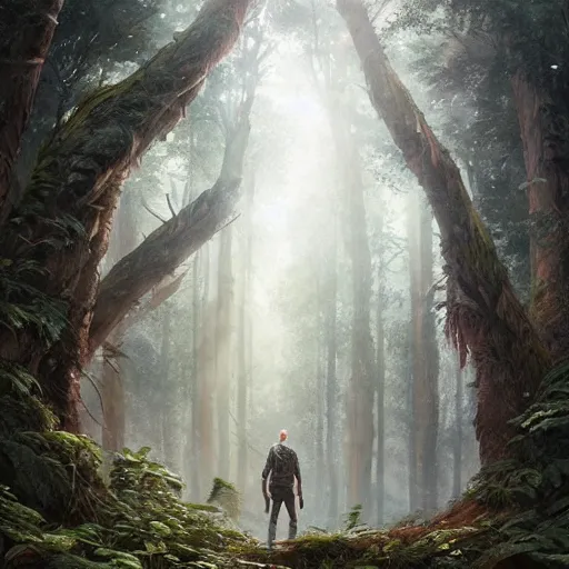 Prompt: a man gets lost in the forest 1 0, 0 0 0 years ago, realistic, high definition, 4 k, shimmering color, hyper detailed, art of greg rutkowski and magali villeneuve and artgerm