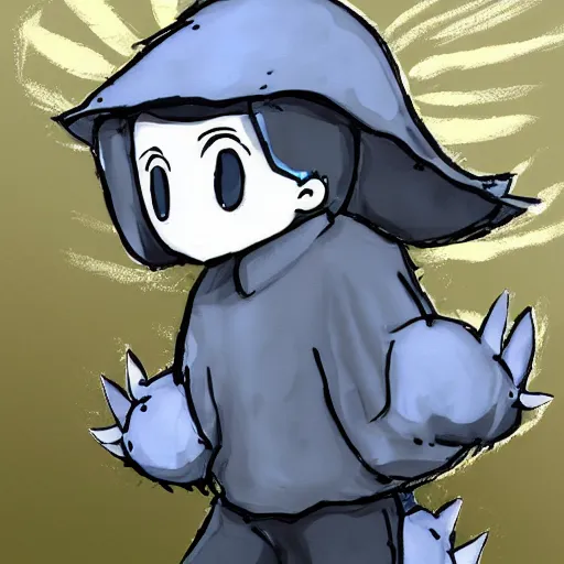 Prompt: little boy wearing sheep suit. white, gray, blue, green and brown pallet color. made in abyss art style, inspired in kris from deltarrune, cute detailed artwork