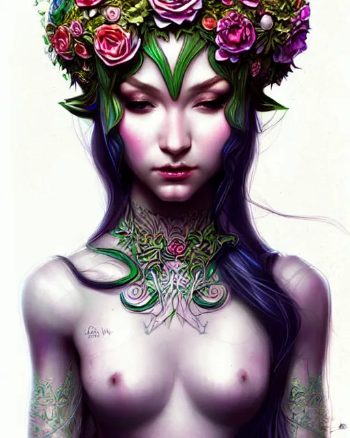 Image similar to digital art, centered full body elven bride, vivid flower crown ,intricate, veins, by James Jean and by artgerm, by ross tran , ultradetailed, charachter design, concept art, trending on artstation,