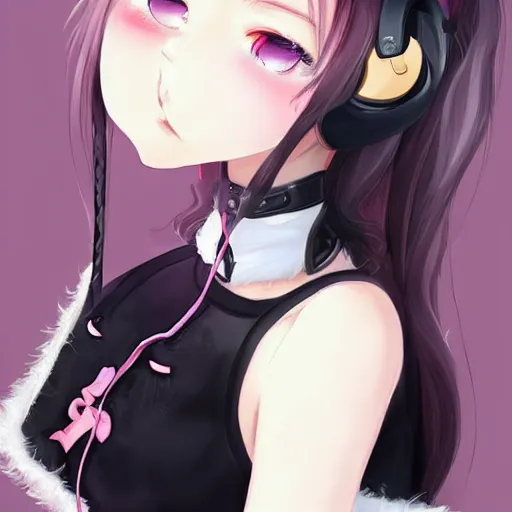 Prompt: realistic beautiful gorgeous buxom natural cute blushed shy girl Blackpink Lalisa Manoban black hair cute fur black cat ears, wearing white camisole, headphones, black leather choker artwork drawn full HD 4K highest quality in artstyle by professional artists WLOP, Taejune Kim, Guweiz, Aztodio on Pixiv Instagram Artstation