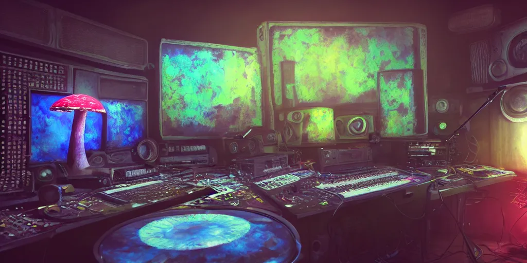 Prompt: A realistic painting of a vintage CRT computer, with a psychedelic mushroom on the screen, in a post apocalyptic recording studio, unreal 5, DAZ, hyperrealistic, octane render, RPG portrait, dynamic lighting,