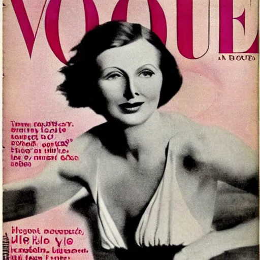 Prompt: a 1 9 2 8 colorful cover of vogue. happy, healthy, beautiful, smiling, sporty, glowing greta garbo in decent swim wear.