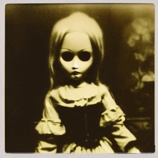 Prompt: a very beautiful old polaroid picture of a creepy doll in a bedroom, award winning photography