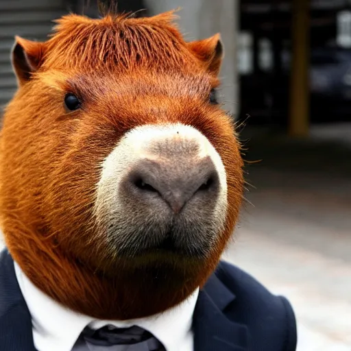 Image similar to capybara head, a man wearing a suit capybara head