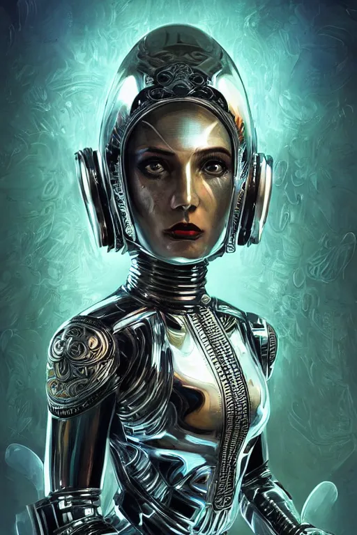 Image similar to retro-futuristic portrait of a beautiful female android wearing chrome armour, underwater, ornate background, ornate pattern, glowing eyes, evil expression, high details, intricate details, renaissance style, painting by vincent di fate, artgerm julie bell beeple, 80s, Smooth gradients, High contrast, depth of field, very coherent symmetrical artwork