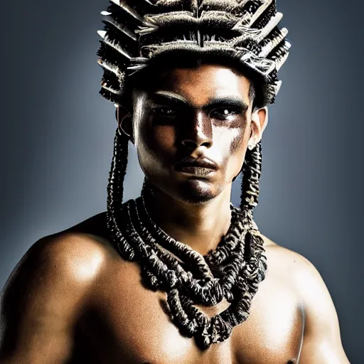 Prompt: a portrait of a beautiful young amazonian male wearing an alexander mcqueen armor , photographed by andrew thomas huang, artistic