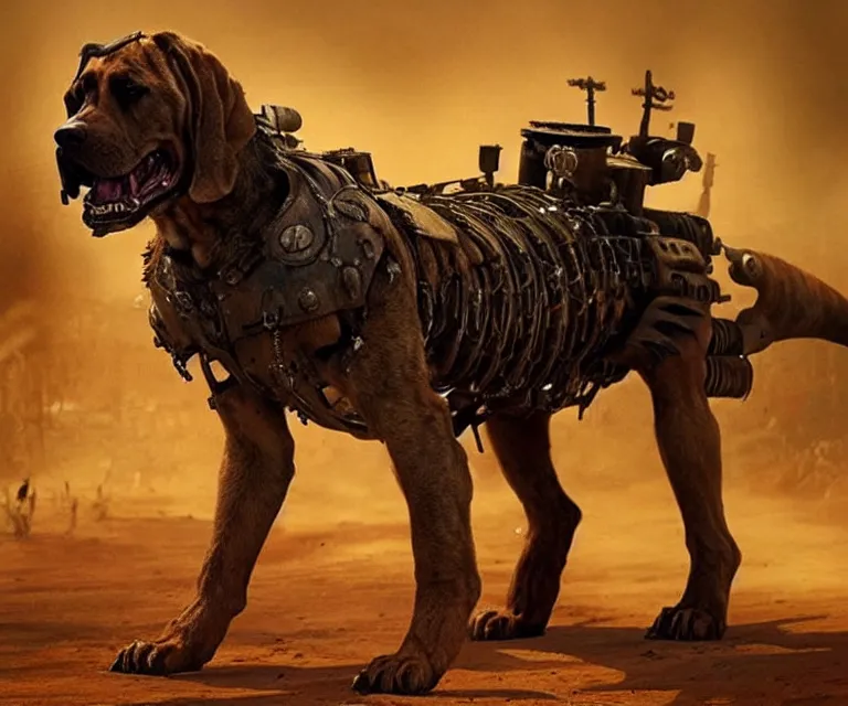 Image similar to a good ol'bloodhound dog fursona ( from the furry fandom ), heavily armed and armored facing down armageddon in a dark and gritty version from the makers of mad max : fury road. witness me.