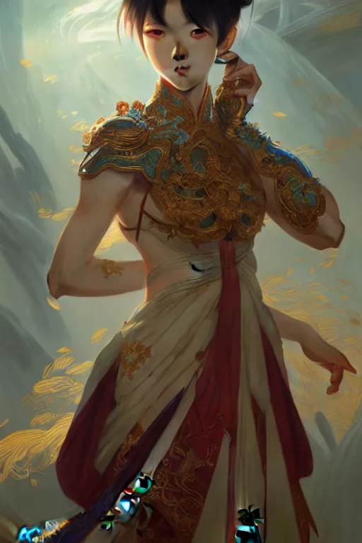 Prompt: ' hu tao'character, genshin impact, fantasy, anime, manga, game art, concept art, intricate details, elegant, highly detailed, digital painting, octane render, eerie, 8 k, art by artgerm and greg rutkowski and alphonse mucha