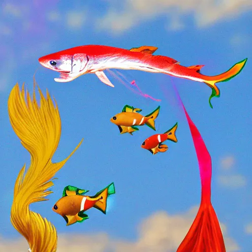 Image similar to bright sky fish warrior flying firevfins electric eel battle