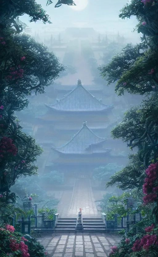 Image similar to vanishing point, palace covered with aqua blue roses like the forbidden city in distance at the red rose royal manor, viewed from afar, stephen bliss, misty, unreal engine, fantasy art by greg rutkowski, loish, ferdinand knab, and lois van rossdraws,, global illumination, radiant light, minimalist, detailed and intricate environment