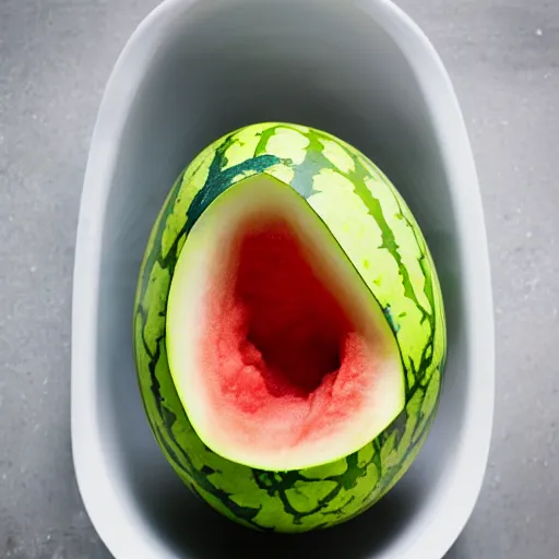 Prompt: a watermelon banana sitting in a bowel, product photography