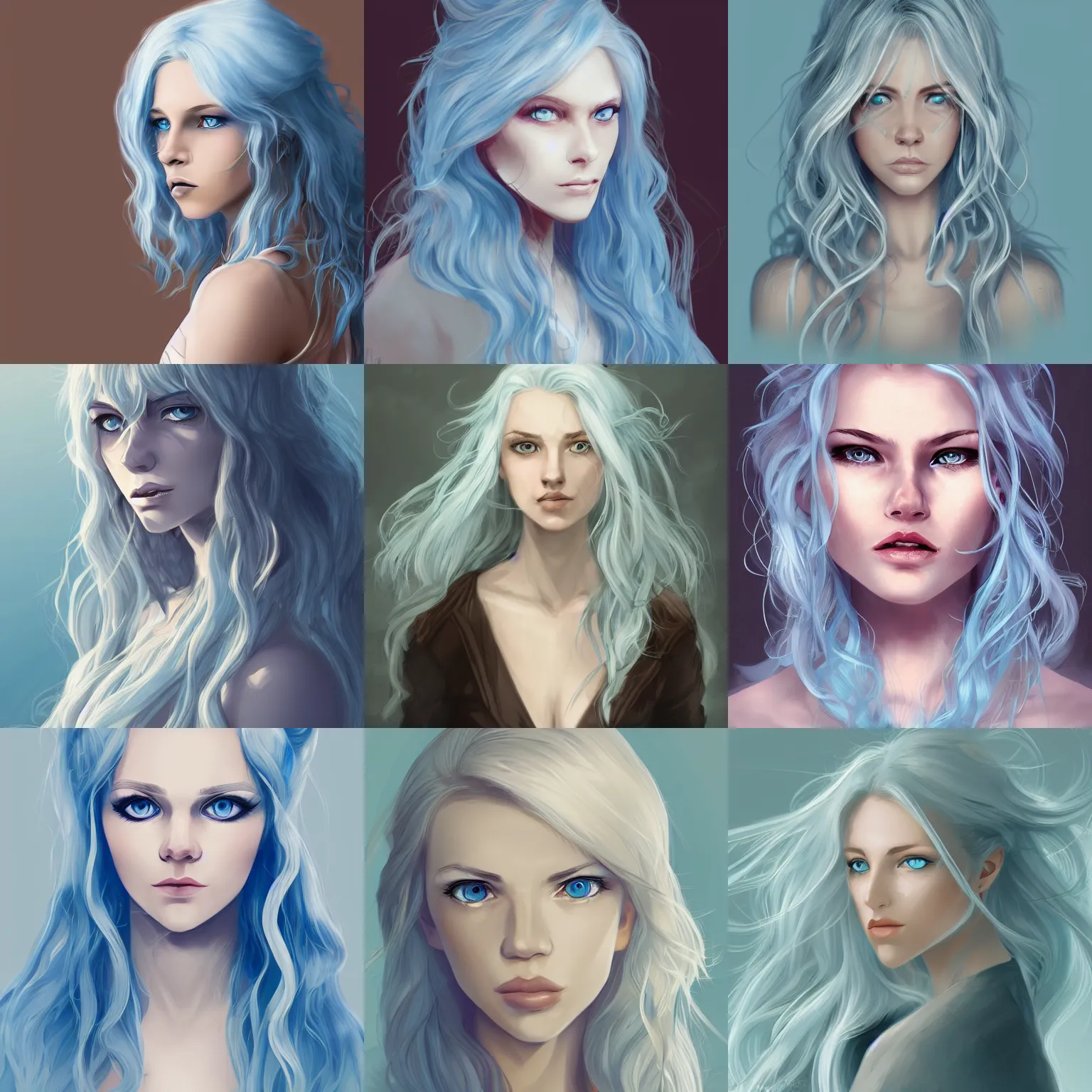 Prompt: woman, messy wavy white hair, light blue eyes, portrait, d & d, character art, matte, sharp focus, illustration, concept art,