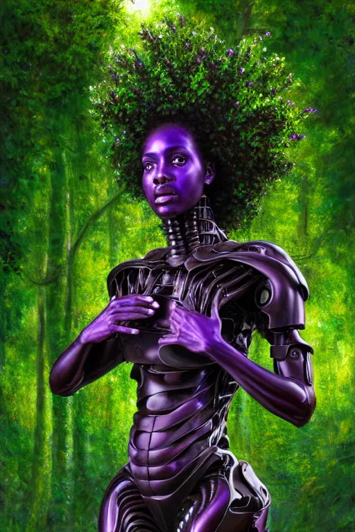 Image similar to hyperrealistic post - raphaelite super expressive! black woman with exoskeleton armor, merging with tree in a forest, highly detailed digital art masterpiece smooth cam de leon eric zener dramatic pearlescent green purple light ground angle hd 8 k sharp focus