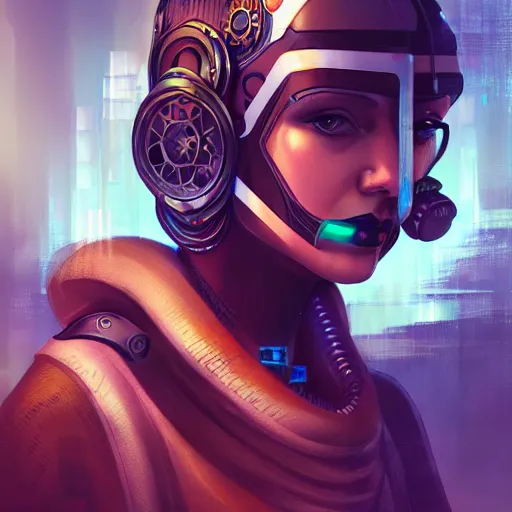 Prompt: portrait of a cyberpunk art deco girl, sci-fi, fantasy, intricate, elegant, highly detailed, digital painting, artstation, smooth, sharp focus, illustration