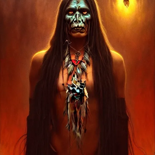 Prompt: evil native american skinwalker, horror demon, heroic lighting, dark fantasy, intricate, elegant, highly detailed, lifelike, photorealistic, digital painting, artstation, illustration, concept art, smooth, sharp focus, art by John Collier and Albert Aublet and Krenz Cushart and Artem Demura and Alphonse Mucha