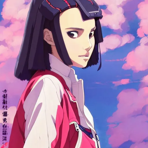 Image similar to a beautiful natalie portman as an anime boy gravure model, wearing oversized mayan bomber jacket and leotard with overalls, bulky poofy bomber jacket with mayan patterns, aztec street fashion, gapmoe yandere grimdark, trending on pixiv fanbox, painted by greg rutkowski makoto shinkai takashi takeuchi studio ghibli, akihiko yoshida