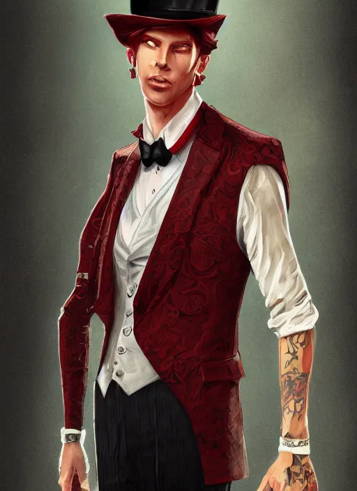 Image similar to a highly detailed illustration of stylish top hat wearing red haired attractive man, wearing suit vest, flashy card trick pose, intricate, elegant, highly detailed, centered, digital painting, artstation, concept art, smooth, sharp focus, league of legends concept art, WLOP