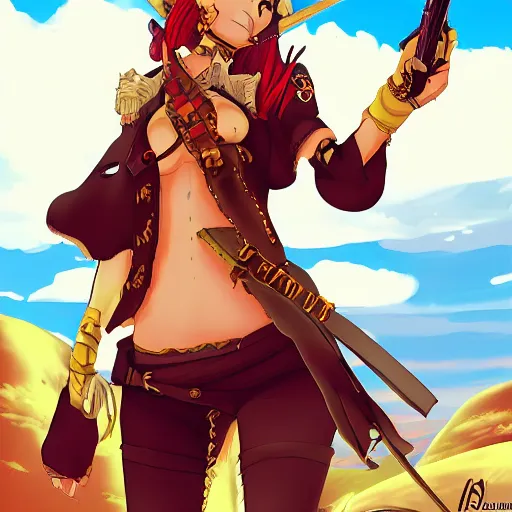 Image similar to a female pirate captain in the desert, anime art, trending on pixiv