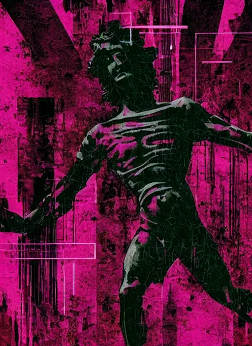 Image similar to elegant dark design poster showing a large greco roman statue, black background with very subtle red and purple design elements, bold, powerful, nekro, vito acconci, thin straight purple lines, dark, glitch art, neo vaporwave, gritty, layout frame, square, trending on artstation