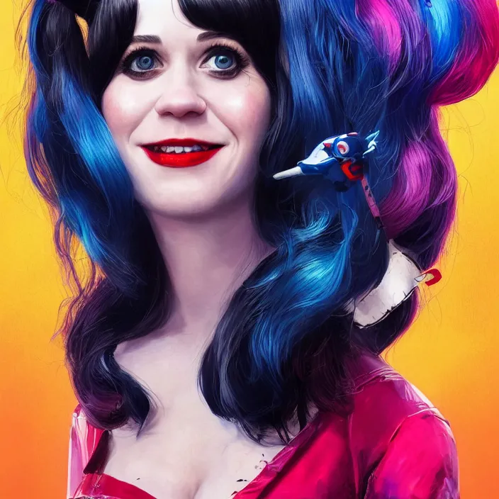 Image similar to portrait of Zooey Deschanel as a harley quinn. intricate abstract. intricate artwork. by Tooth Wu, wlop, beeple, dan mumford. octane render, trending on artstation, greg rutkowski very coherent symmetrical artwork. cinematic, hyper realism, high detail, octane render, 8k, iridescent accents