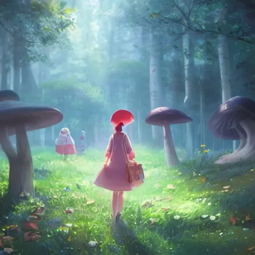 Image similar to a cute picnic in a mushroom forest. dramatic lighting, cgsociety masterpiece, artstation trending, by rossdraws, ghibli, Kimi no Na wa, greg rutkowski, 4k, digital art, concept art, trending on artstation