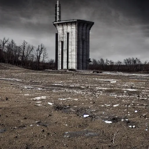 Prompt: a distorted post-apocalyptic landscape with a singular concrete military tower near the frozen lake hd 8k photo big lake high tower