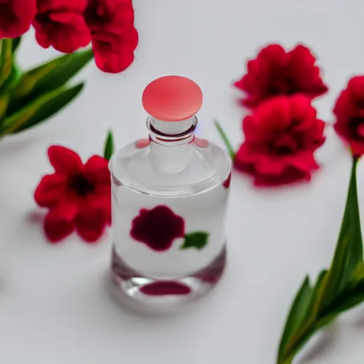 Prompt: perfume bottle sitting on a white surface surrounded by a plethora of red and white and peach flowers, bright white realistic, up close shot, white background, zen, light, modern minimalist f 2 0 blurry background