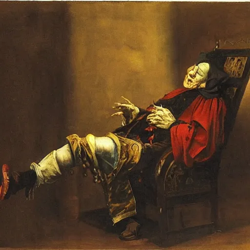 Image similar to a jester slumped over in an armchair, dark lighting, oil painting, by jan matejko