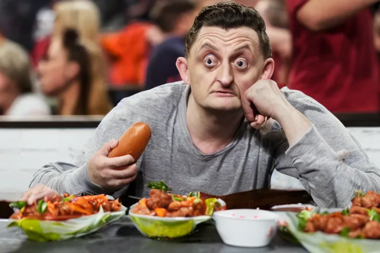 Prompt: Tim Robinson dejectedly contemplating a hotdog bowl, it's like a burrito bowl but with little bits of chopped up hotdog in it, thousand yard stare