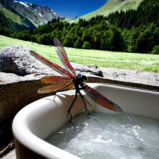 Prompt: dragonfly in a bathtub in the alps, big goat in the background