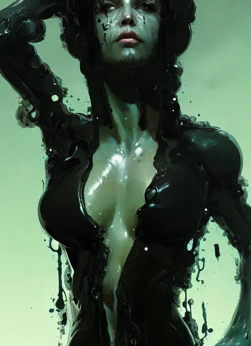 Image similar to painting of a woman in black slime, highly detailed, digital painting, concept art, smooth, sharp focus, illustration, illustration by greg rutkowski, yoji shinkawa, 4 k, digital art, concept art, trending on artstation, 8 k