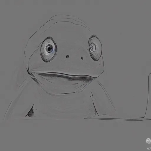 Image similar to sad humanoid frog holding his head in front of a computer screen in a dingy dark room at night. digital art.