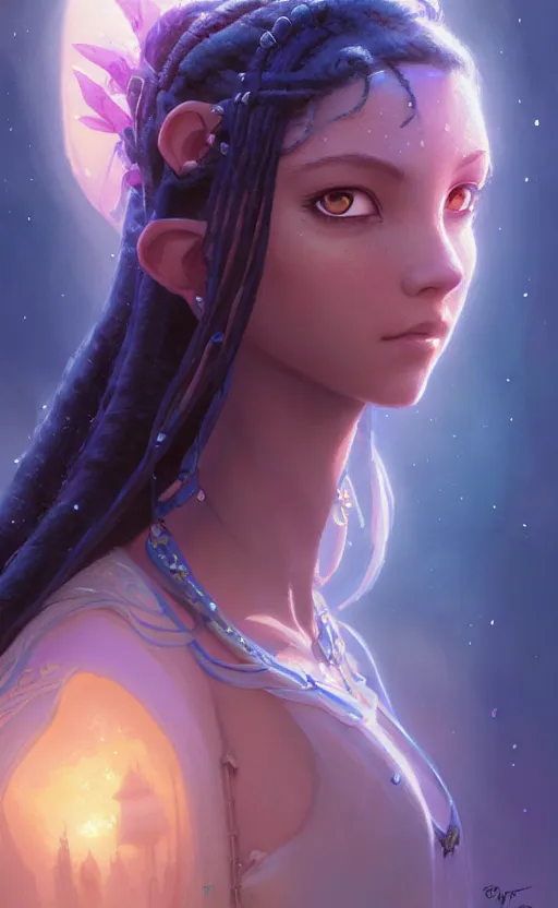 Image similar to highly detailed portrait of beautiful princess in avatar, stephen bliss, unreal engine, fantasy art by greg rutkowski, loish, rhads, ferdinand knab, makoto shinkai and lois van baarle, ilya kuvshinov, rossdraws, tom bagshaw, global illumination, radiant light, detailed and intricate environment